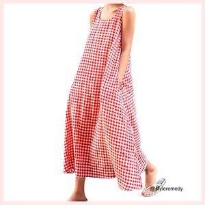 Cotton Plaid Maxi Dress with Pockets, Loose Fit Boho Sundress